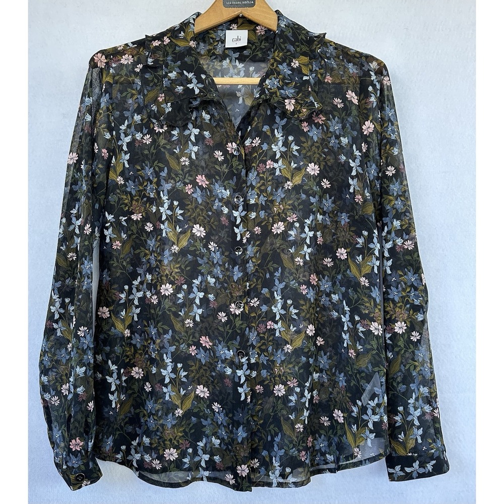 CAbi Floral Sheer Blouse Top Black Ruffled Collar Sz S Office Professional Chic